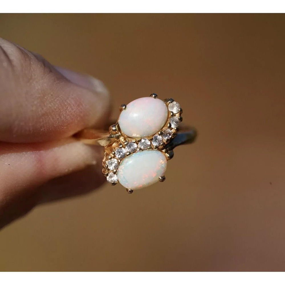 Vintage 14k Solid Yellow Gold Natural Opal & White Sapphire Channel Ring